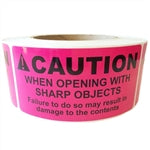 Pink Glossy "Caution When Opening with Sharp Objects May Damage" Label - 4" by 2" - 500 ct