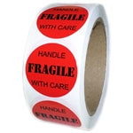 Red Glossy "FRAGILE Handle with Care" Labels - 1.5" Diameter - 500 ct