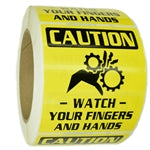 Glossy "Caution Watch Your Fingers and Hands" Stickers - 2.75" by 3.15" - 500 ct Roll