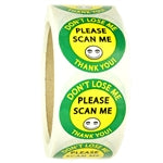 Glossy Yellow and Green "Don't Lose Me; Please Scan Me; Thank You" Stickers 1.5" diameter - 500 ct Roll