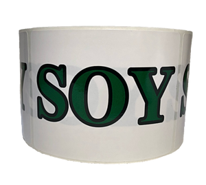Glossy White and Green "Soy" Stickers 4"x3" -500 ct