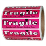Pink Glossy "Fragile Handle with Tender Loving Care" Label - 1" by 4" - 500 ct