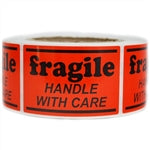 Orange Glossy "Fragile Handle with Care" Label - 2" by 3" - 500 ct