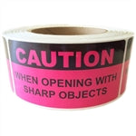 Pink Glossy "Caution When Opening with Sharp Objects" Label - 2" by 4" - 500 ct