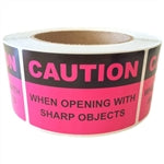Pink Glossy "Caution When Opening with Sharp Objects" Label - 2" by 3" - 500 ct