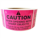 Pink Glossy "Caution When Opening with Sharp Objects May Damage" Label - 3" by 2" - 500 ct