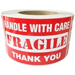 Red Glossy "Handle with Care FRAGILE Thank You" Label - 3" by 5" - 500 ct