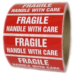 Red Glossy "Fragile Handle with Care" Labels - 1" by 3" - 500 ct