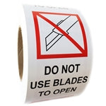 Red and Black "Do Not Use Blades to Open" Glossy Labels - 3" by 5" - 500 ct Roll