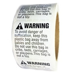White and Black Glossy "Warning" Suffocation Hazard Labels Stickers - 2" by 2" - 500 ct