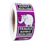 Purple Elephant Glossy "Fragile Handle with Care" Stickers - 3" by 2" - 500 ct