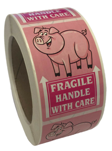 Glossy Pink Pig "Fragile Handle With Care" Stickers 3" by 2" 500 ct. Roll